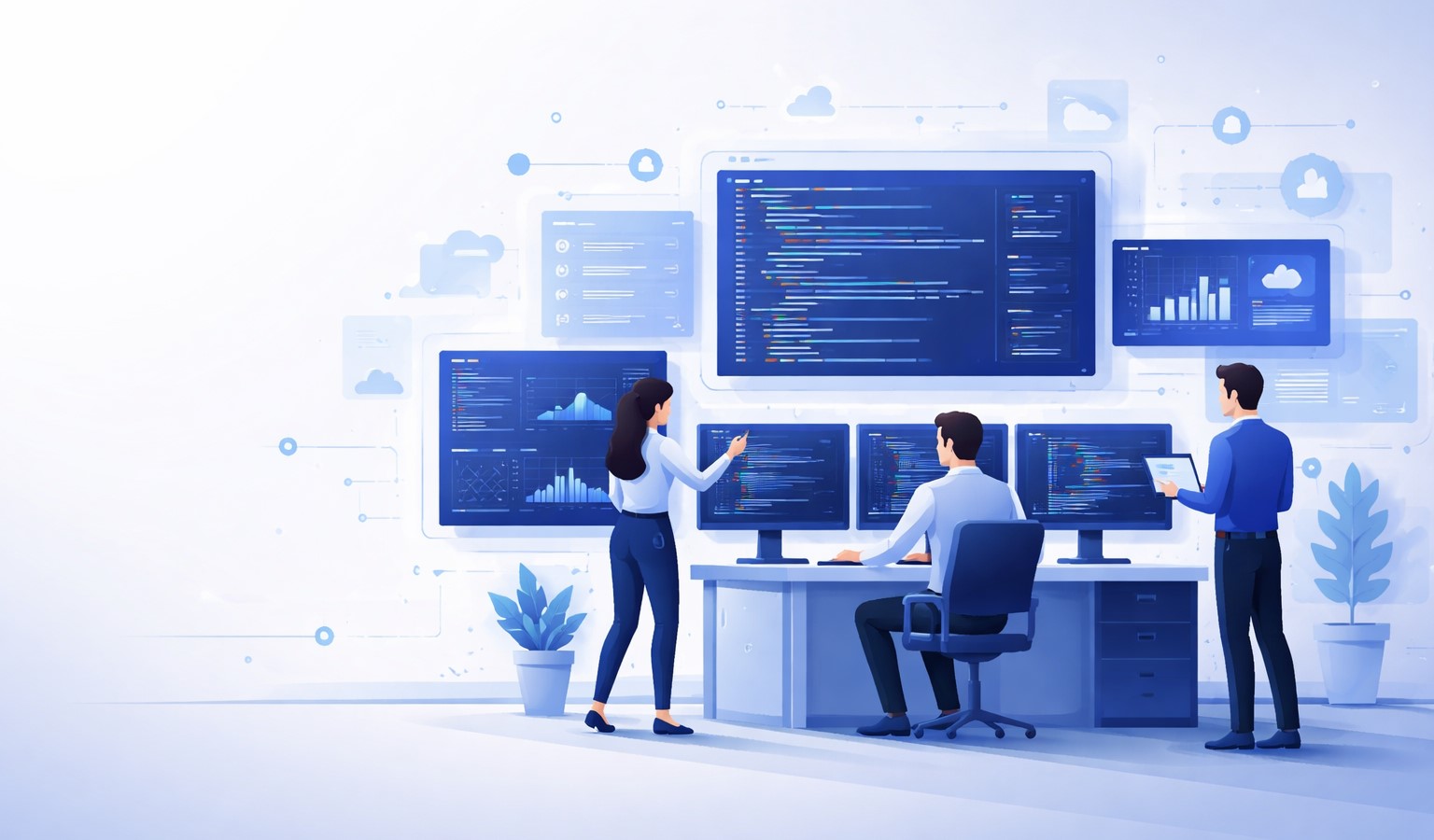 Equipo tecnológico trabajando en soluciones empresariales
